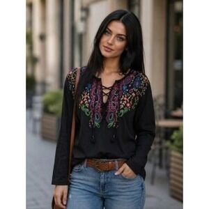 Together! Black Embroidered Lace Up Boho Blouse Long Sleeve Floral Top Medium